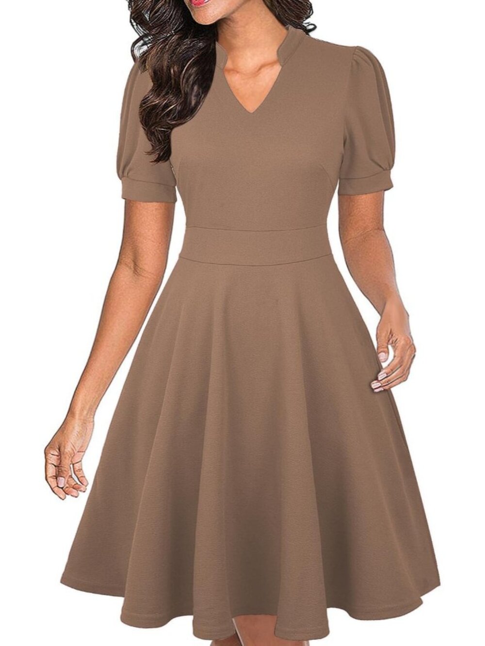Men's Khaki V Neck Summer Short Sleeve Semi Formal Fit Zipper Dress